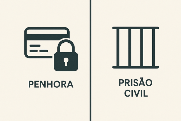 Ícones de penhora de bens e prisão civil, representando os caminhos para cobrar pensão atrasada.