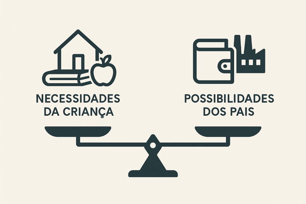 Balança mostrando o equilíbrio entre as necessidades da criança e as possibilidades dos pais no cálculo da pensão.
