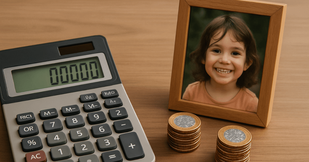 Calculadora e foto de criança, representando como calcular o valor da pensão alimentícia.