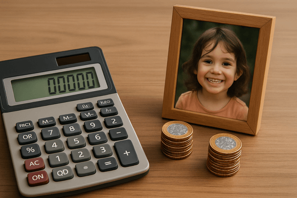 Calculadora e foto de criança, representando como calcular o valor da pensão alimentícia.