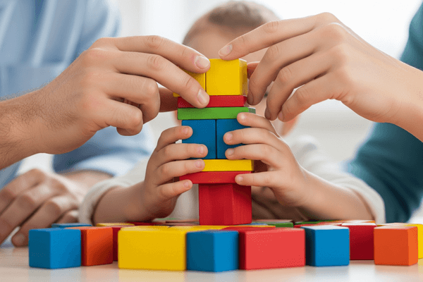 Mãos de pais e filho montando blocos, simbolizando as decisões conjuntas na guarda compartilhada.