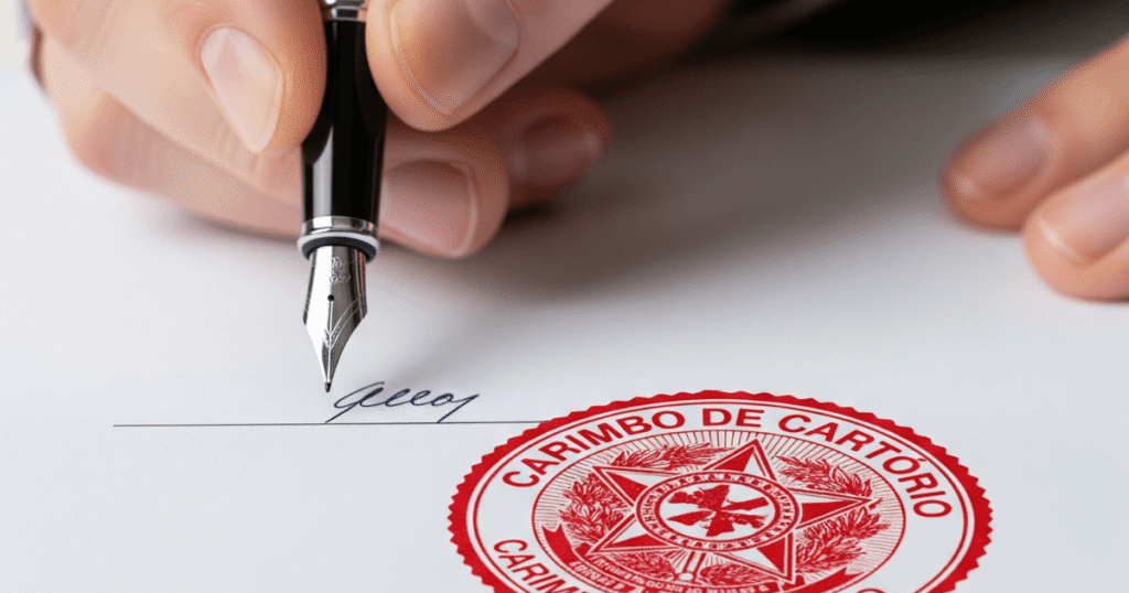 Mão assinando a escritura de divórcio extrajudicial em cartório com carimbo oficial.