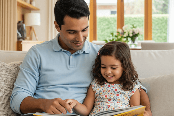 Pai e filha lendo livro em ambiente estável, representando a guarda compartilhada saudável em Santa Catarina.