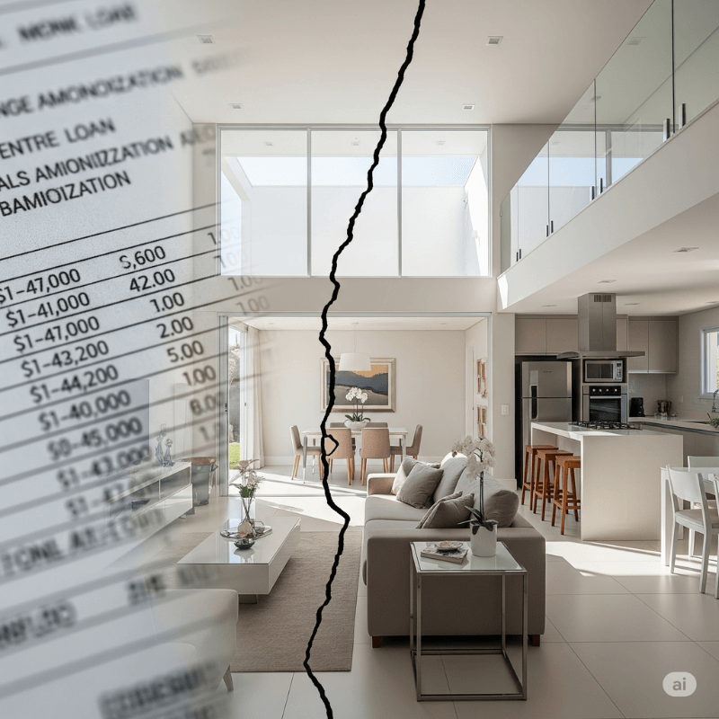 Casa com linha divisória e gráfico de financiamento ao fundo, representando imóvel financiado no divórcio em Florianópolis.
