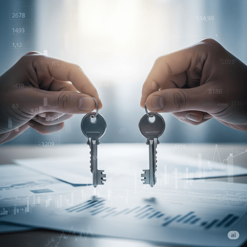 Duas mãos segurando a chave da mesma casa, com documentos financeiros em desfoque, simbolizando a partilha de imóvel financiado no divórcio.